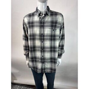 Vintage Black & White Plaid Flannel Long Sleeve Button-Down Shirt With Single Ch